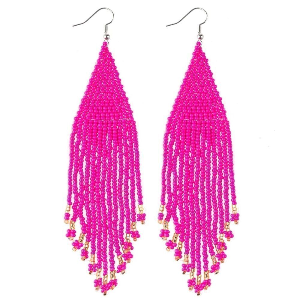 Hot Pink Bohemian Seed Bead Tassel Dangling Statement French Wire Hook Earrings